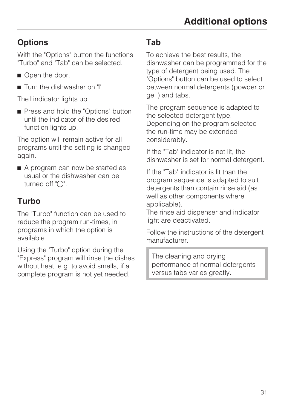 Additional options 31, Turbo 31, Tab 31 | Additional options, Options, Turbo | Miele G 1262 User Manual | Page 31 / 60