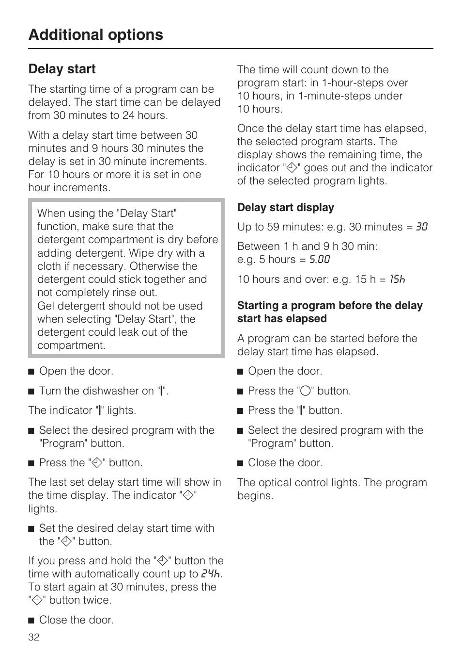 Delay start 32, Additional options, Delay start | Miele G 1262 User Manual | Page 32 / 60