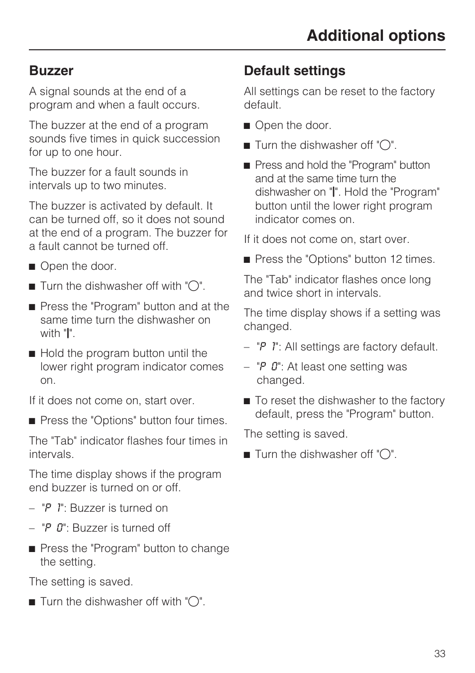 Buzzer 33, Default settings 33, Additional options | Buzzer, Default settings | Miele G 1262 User Manual | Page 33 / 60