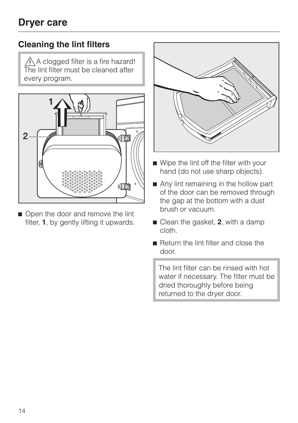Dryer care 14, Cleaning the lint filters 14, Dryer care | Cleaning the lint filters | Miele T8003 User Manual | Page 14 / 40