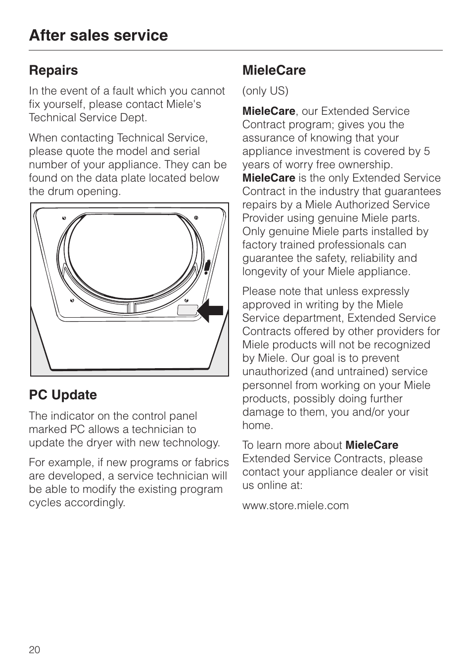 After sales service 20, After sales service, Repairs | Pc update, Mielecare | Miele T8003 User Manual | Page 24 / 40