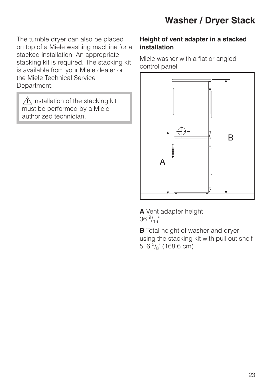 Washer / dryer stack 23, Washer / dryer stack | Miele T8003 User Manual | Page 27 / 40