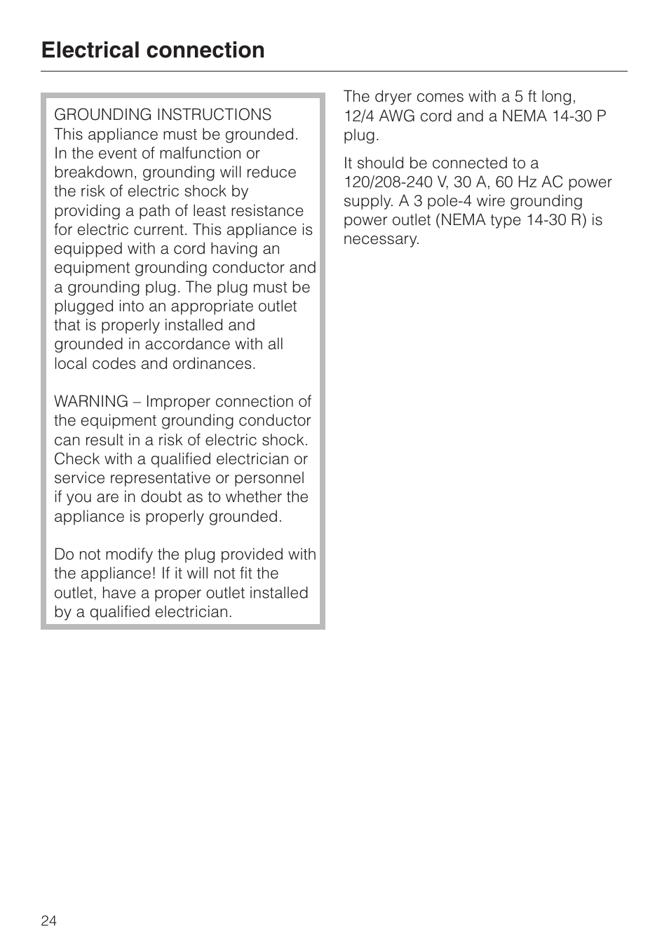 Electrical connection 24, Electrical connection | Miele T8003 User Manual | Page 28 / 40