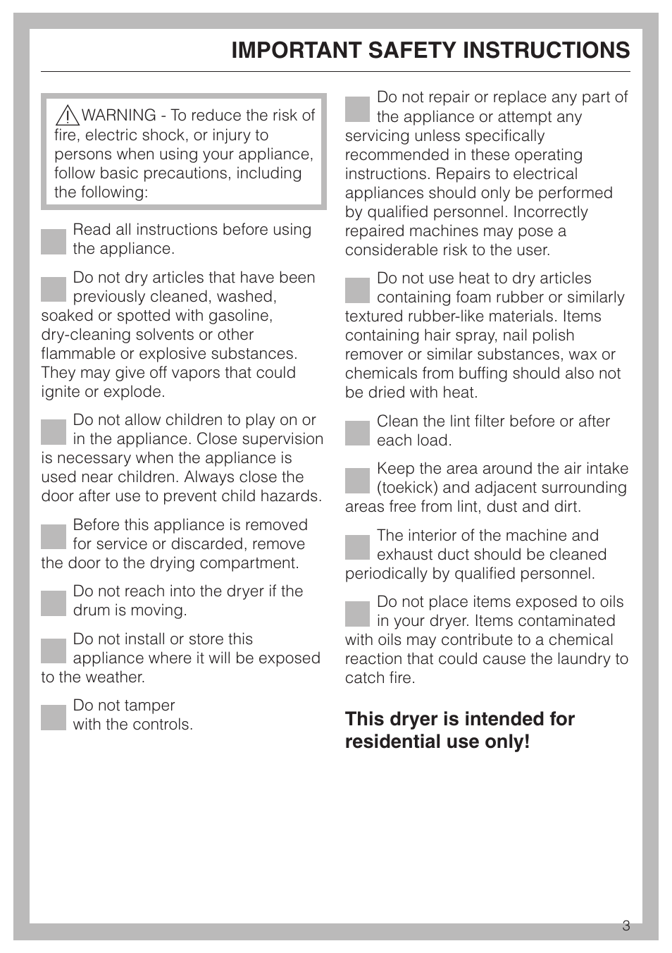 Important safety instructions 3, Important safety instructions, This dryer is intended for residential use only | Miele T8003 User Manual | Page 3 / 40