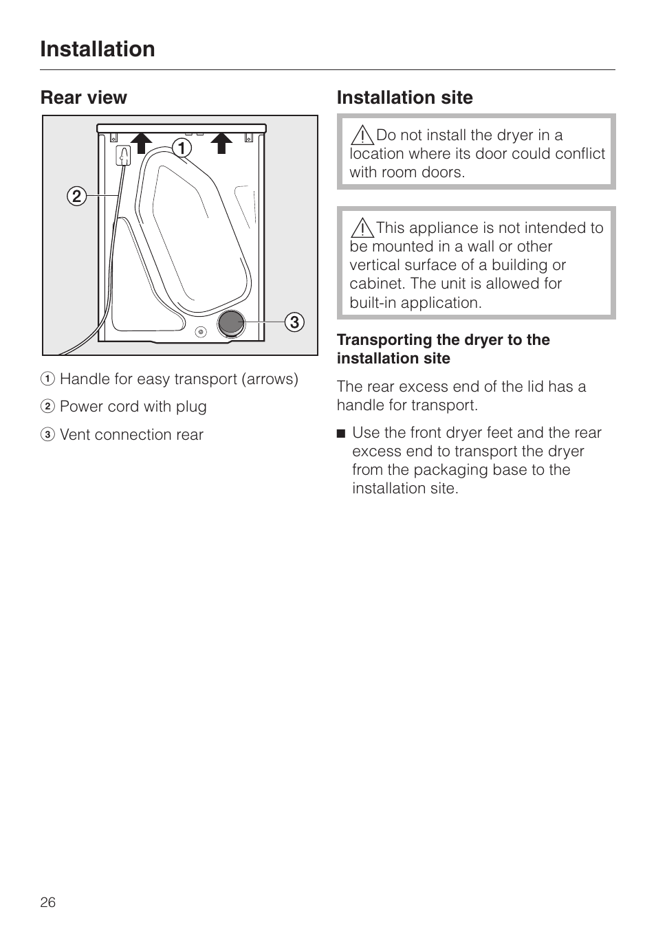 Installation site 26, Installation | Miele T8003 User Manual | Page 30 / 40