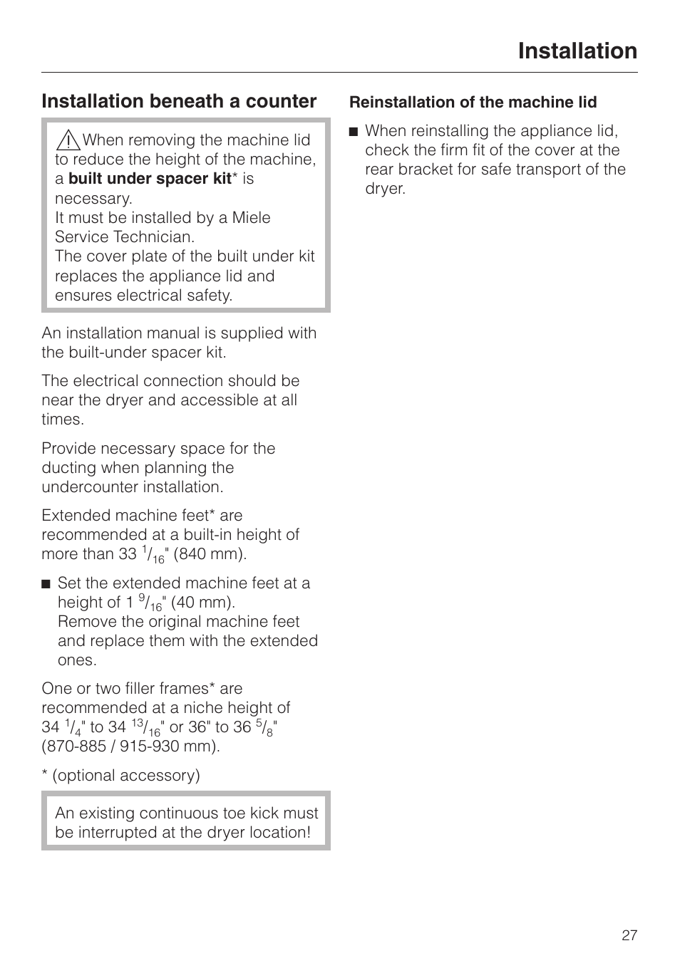 Installation beneath a counter 27, Installation, Installation beneath a counter | Miele T8003 User Manual | Page 31 / 40