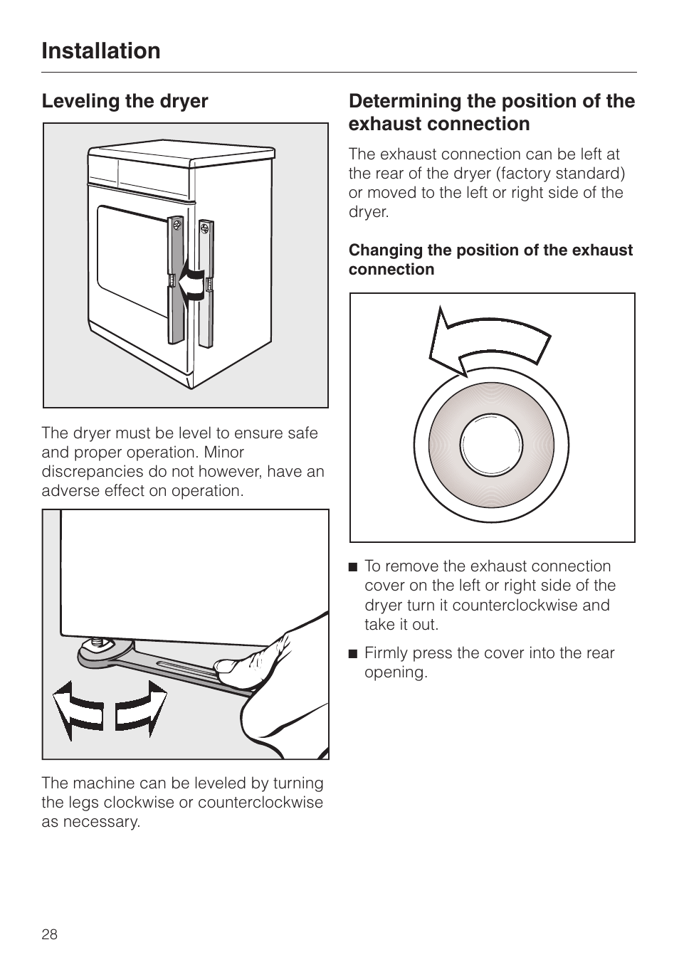 Leveling the dryer 28, Installation, Leveling the dryer | Determining the position of the exhaust connection | Miele T8003 User Manual | Page 32 / 40