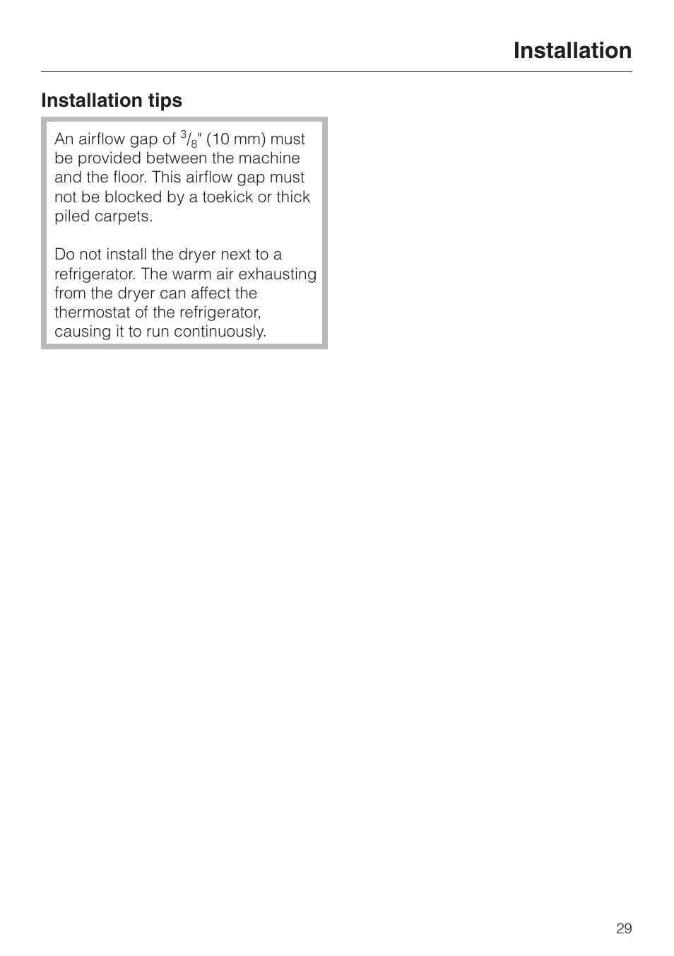 Installation tips 29, Installation, Installation tips | Miele T8003 User Manual | Page 33 / 40
