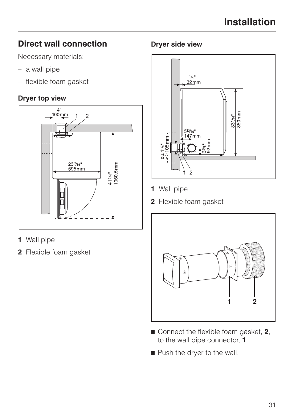 Direct wall connection 31, Installation, Direct wall connection | Miele T8003 User Manual | Page 35 / 40