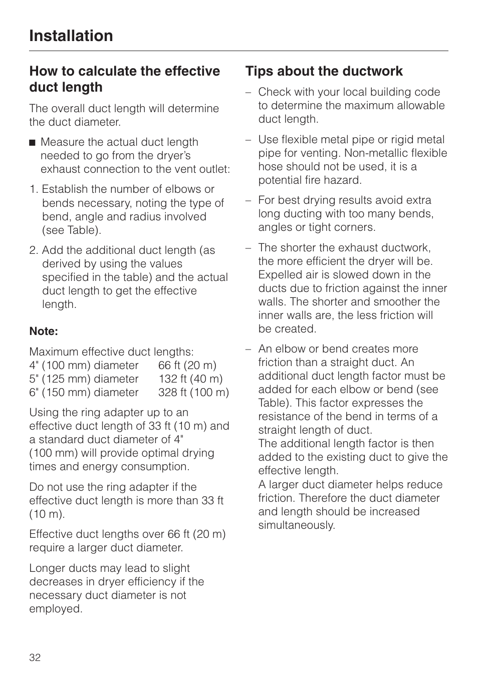 How to calculate the effective duct length 32, Installation, How to calculate the effective duct length | Tips about the ductwork | Miele T8003 User Manual | Page 36 / 40