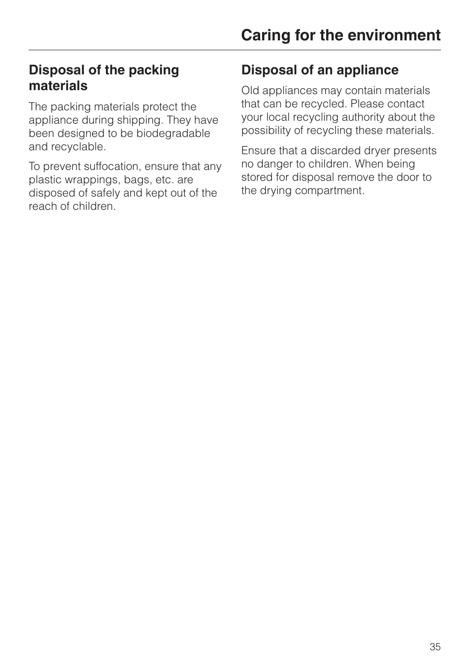 Caring for the environment 35, Caring for the environment | Miele T8003 User Manual | Page 39 / 40