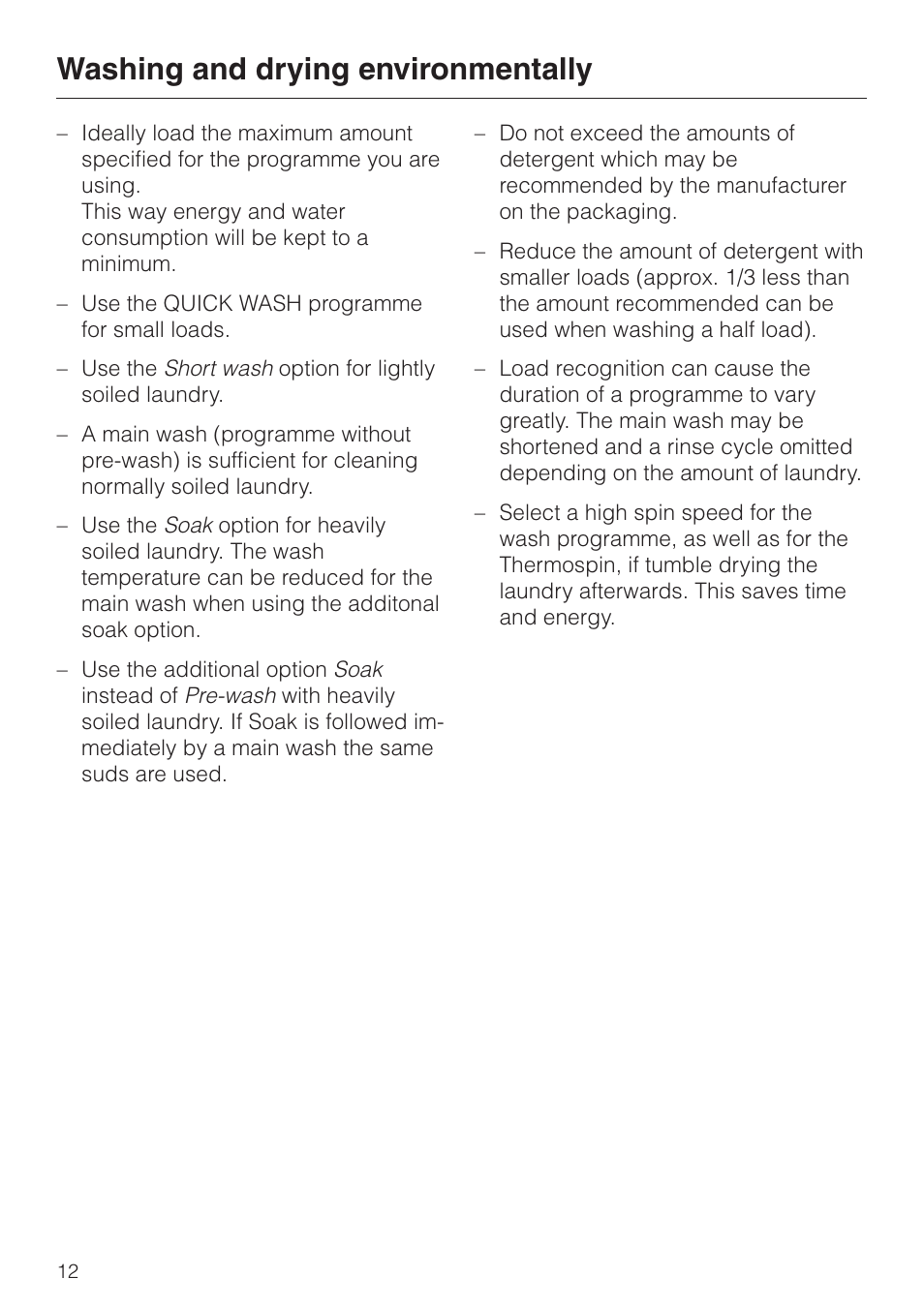 Washing and drying environmentally 12, Washing and drying environmentally | Miele WT 945 S WPS User Manual | Page 12 / 76