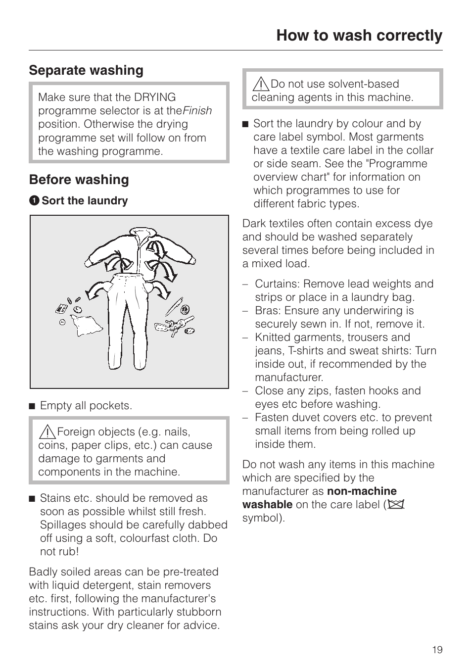 Separate washing 19, Before washing 19, How to wash correctly | Separate washing, Before washing | Miele WT 945 S WPS User Manual | Page 19 / 76