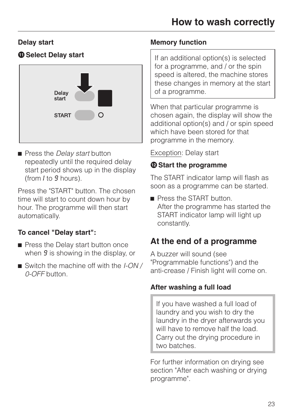 Delay start 23, At the end of a programme 23, How to wash correctly | At the end of a programme | Miele WT 945 S WPS User Manual | Page 23 / 76