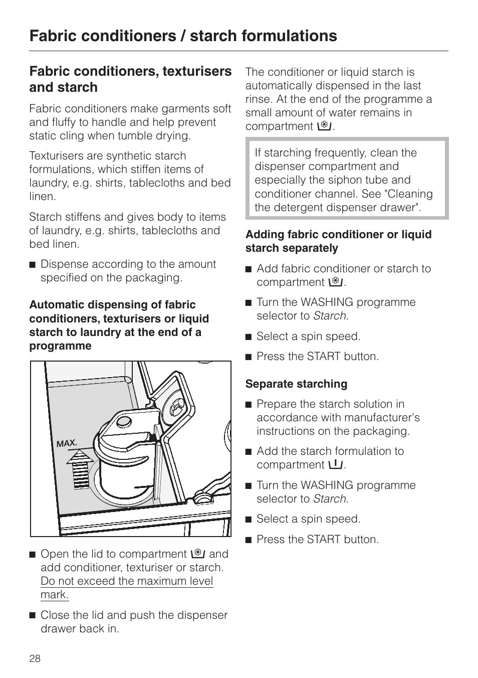 Fabric conditioners / starch formulations 28, Fabric conditioners, texturisers and starch 28, Separate starching 28 | Fabric conditioners / starch formulations, Fabric conditioners, texturisers and starch | Miele WT 945 S WPS User Manual | Page 28 / 76