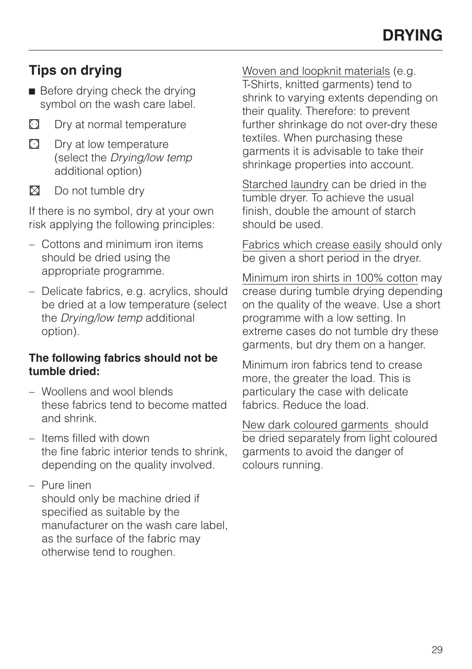 Drying 29, Tips on drying 29, Drying | Tips on drying | Miele WT 945 S WPS User Manual | Page 29 / 76