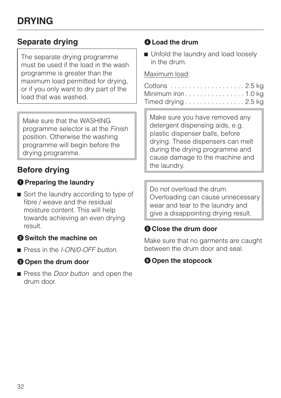 Separate drying 32, Before drying 32, Drying | Separate drying, Before drying | Miele WT 945 S WPS User Manual | Page 32 / 76
