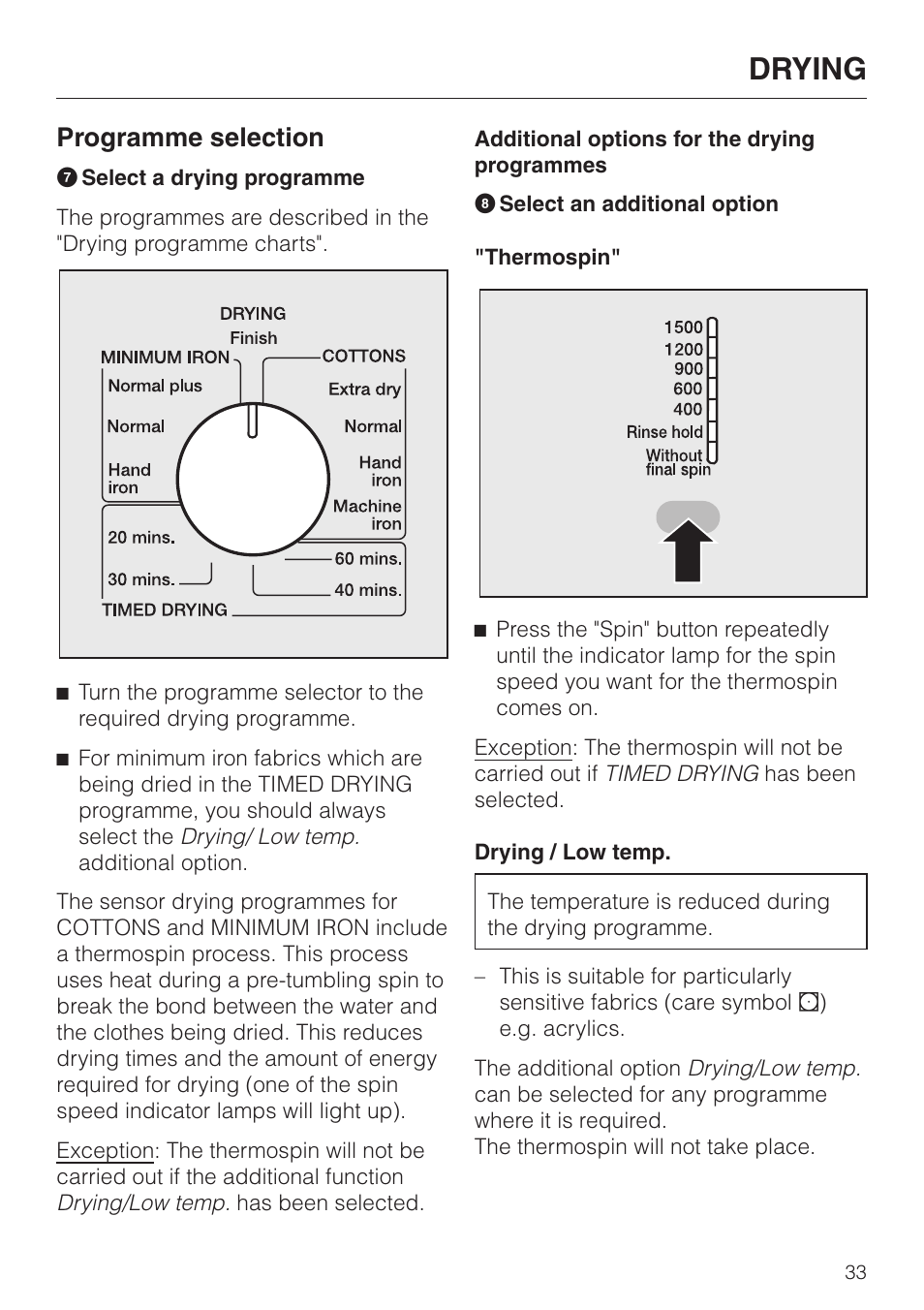 Programme selection 33, Additional options for the drying programmes 33, Drying | Programme selection | Miele WT 945 S WPS User Manual | Page 33 / 76