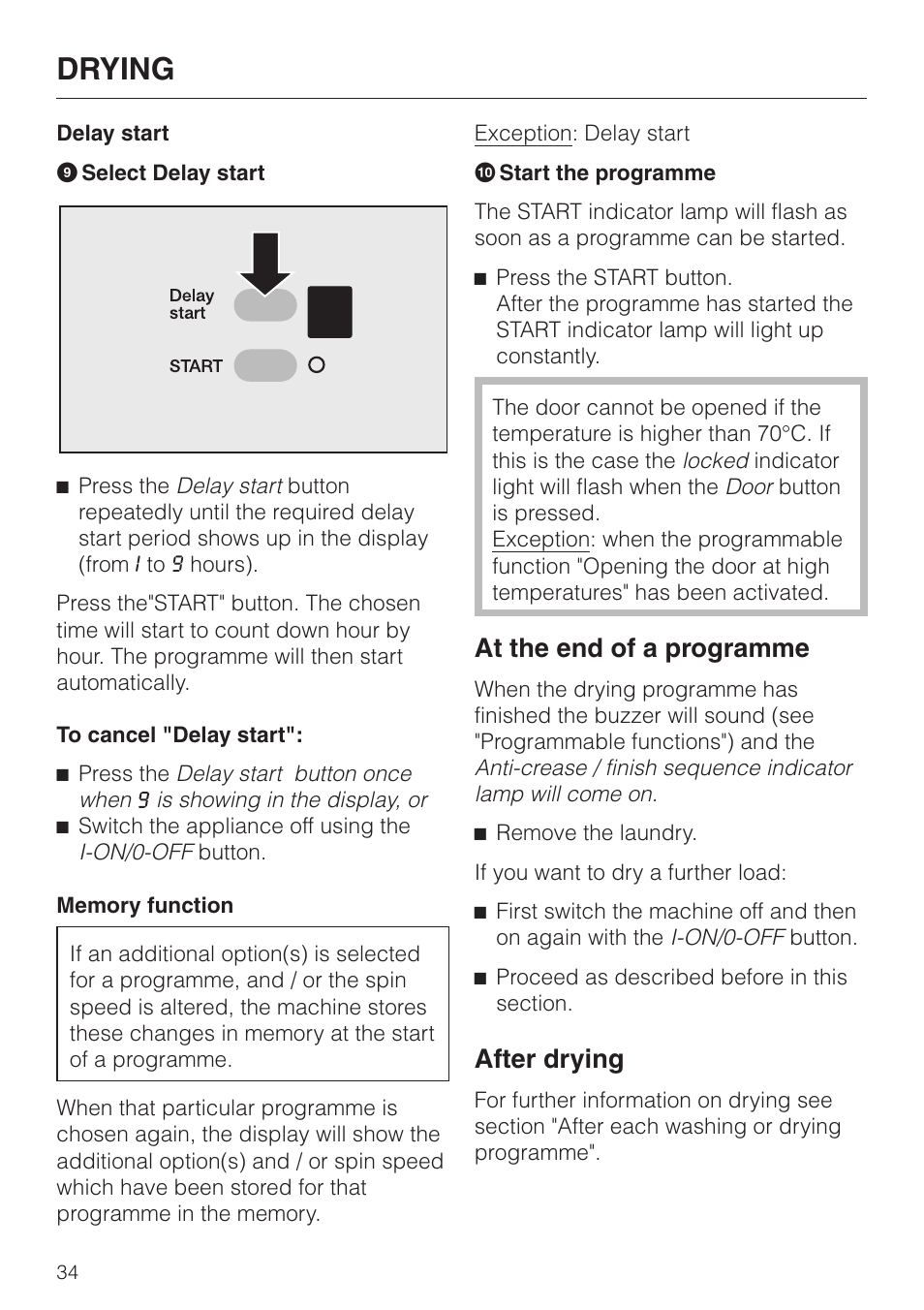 Delay start 34, At the end of a programme 34, Drying | At the end of a programme, After drying | Miele WT 945 S WPS User Manual | Page 34 / 76