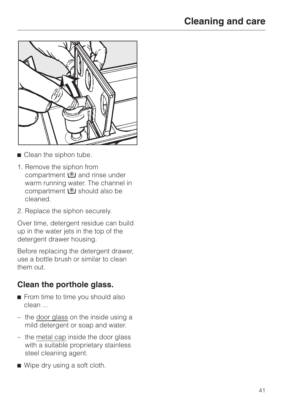 Cleaning and care, Clean the porthole glass | Miele WT 945 S WPS User Manual | Page 41 / 76