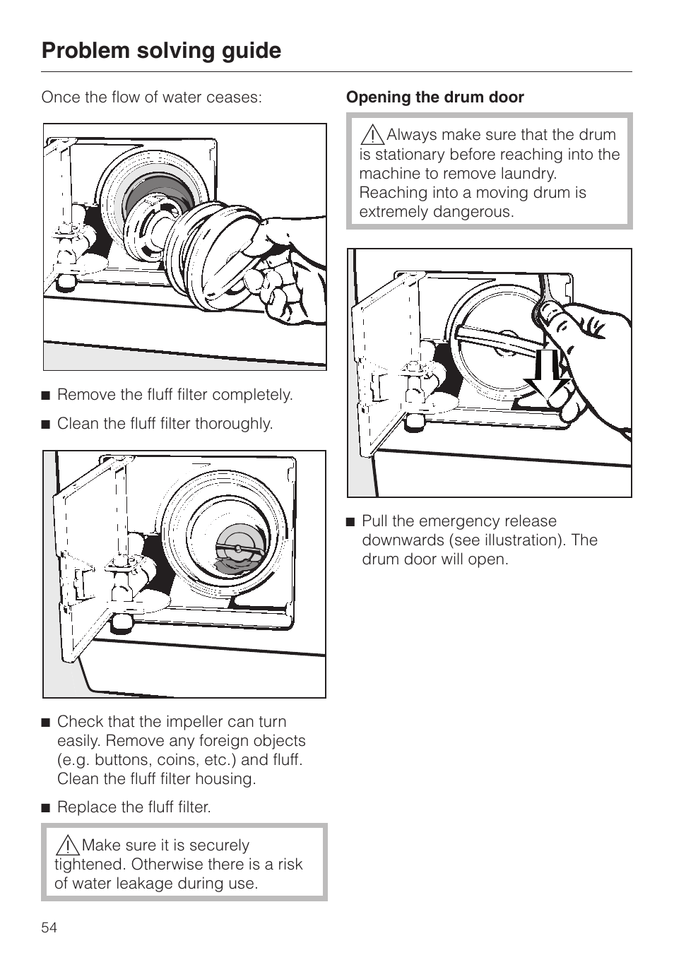 Opening the drum door 54, Problem solving guide | Miele WT 945 S WPS User Manual | Page 54 / 76