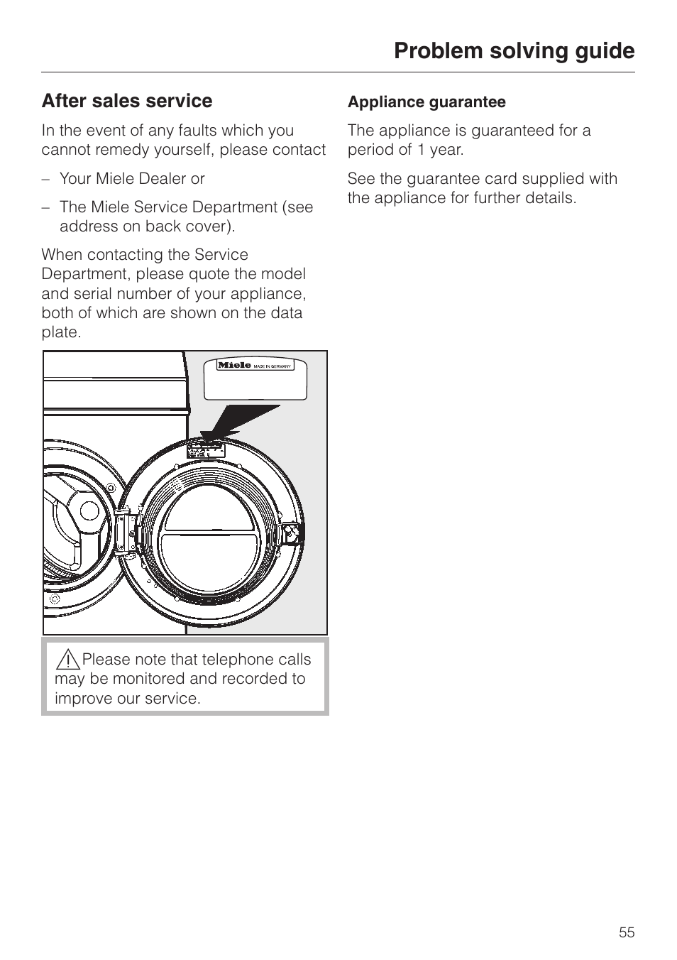 After sales service 55, Problem solving guide, After sales service | Miele WT 945 S WPS User Manual | Page 55 / 76