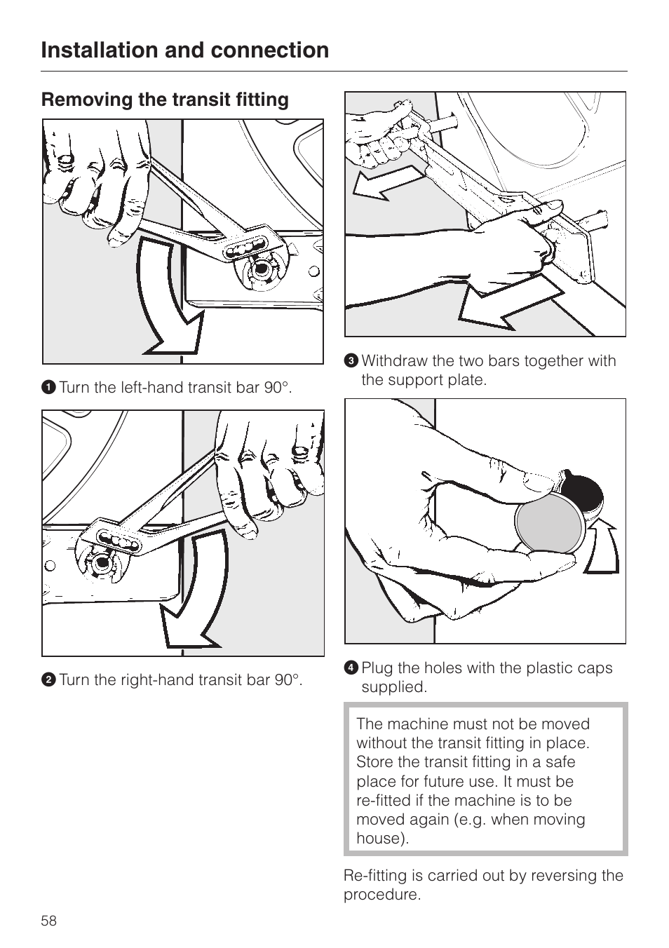 Removing the transit fitting 58, Installation and connection, Removing the transit fitting | Miele WT 945 S WPS User Manual | Page 58 / 76