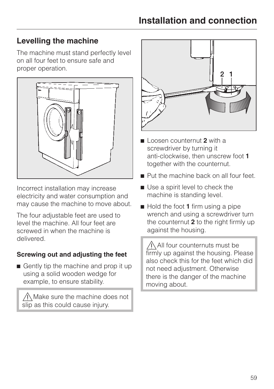 Levelling the machine 59, Screwing out and adjusting the feet 59, Installation and connection | Levelling the machine | Miele WT 945 S WPS User Manual | Page 59 / 76