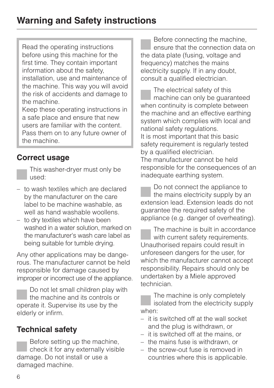 Warning and safety instructions 6, Warning and safety instructions, Correct usage | Technical safety | Miele WT 945 S WPS User Manual | Page 6 / 76