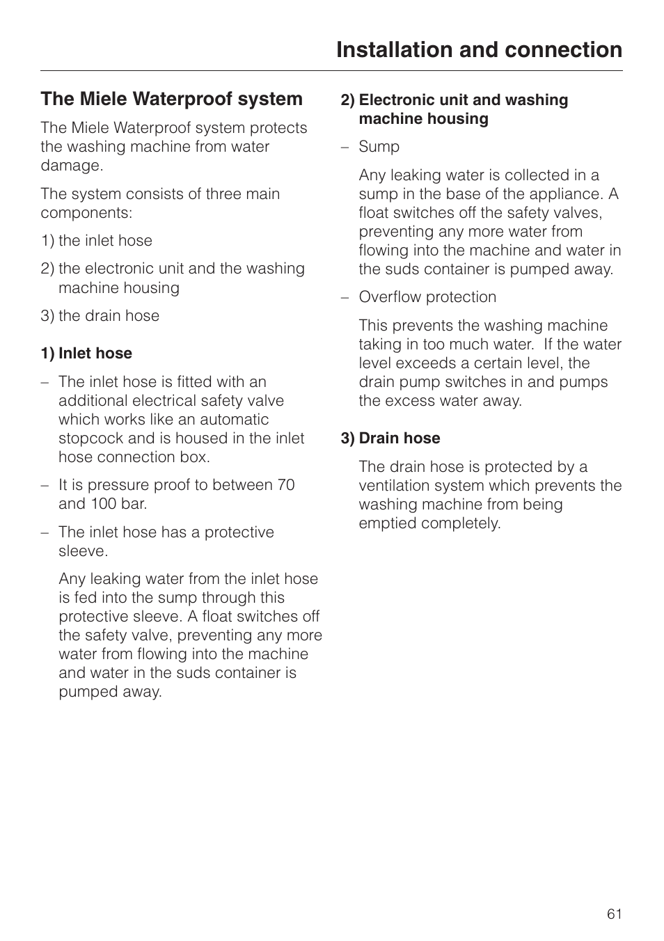 The miele waterproof system 61, Installation and connection, The miele waterproof system | Miele WT 945 S WPS User Manual | Page 61 / 76
