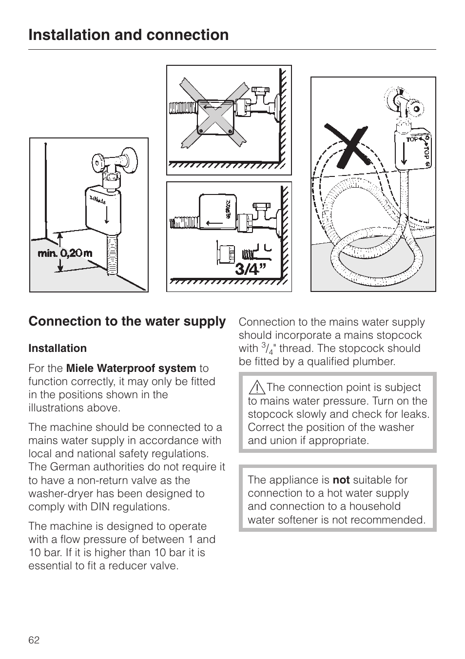 Connection to the water supply 62, Installation and connection, Connection to the water supply | Miele WT 945 S WPS User Manual | Page 62 / 76