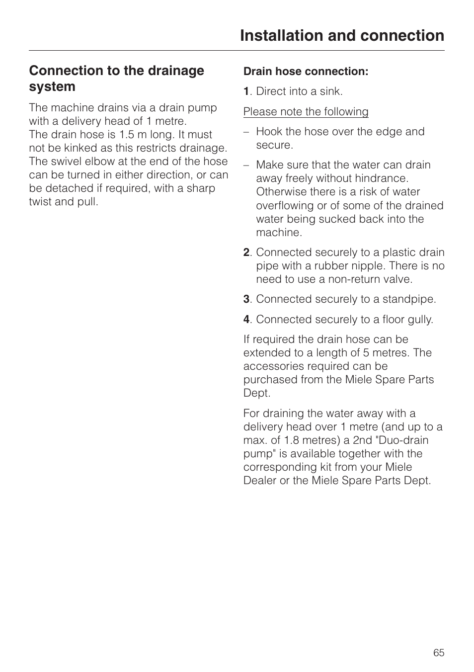 Connection to the drainage system 65, Installation and connection, Connection to the drainage system | Miele WT 945 S WPS User Manual | Page 65 / 76
