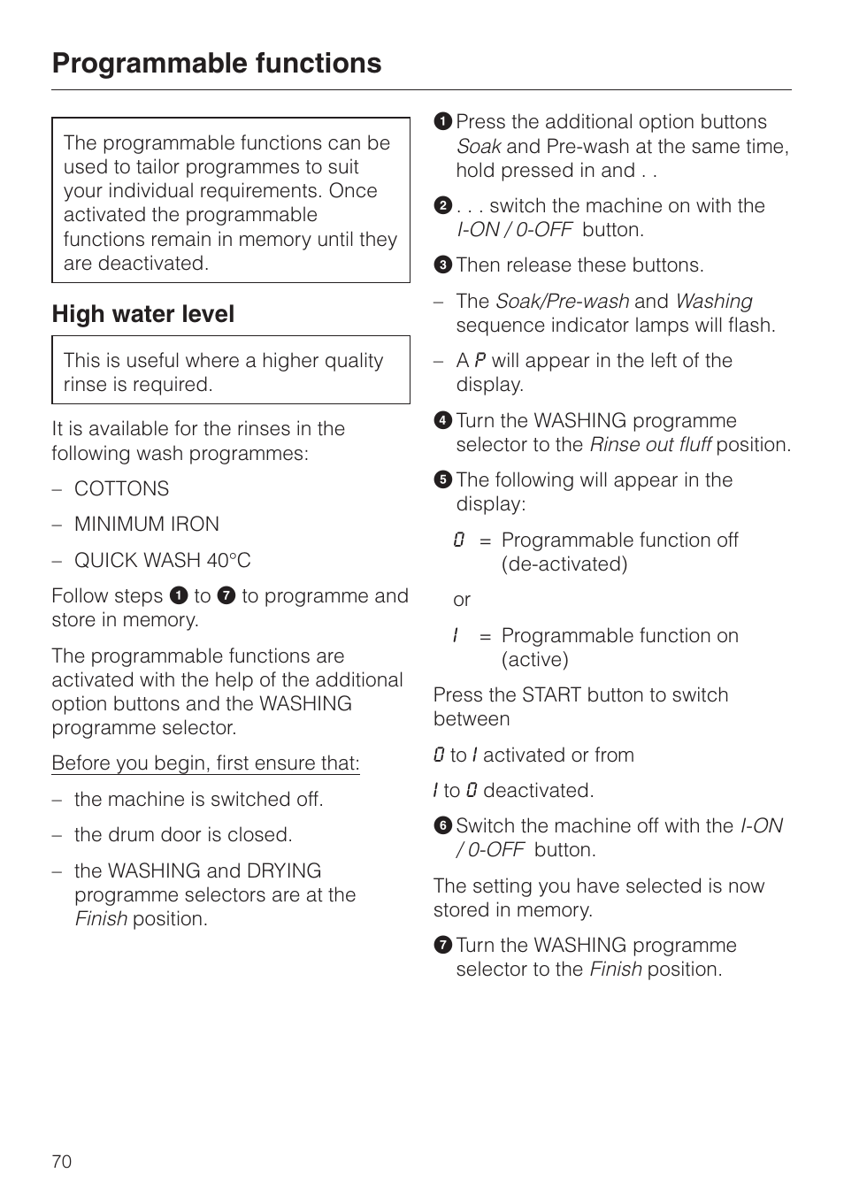 Programmable functions 70, High water level 70, Programmable functions | High water level | Miele WT 945 S WPS User Manual | Page 70 / 76