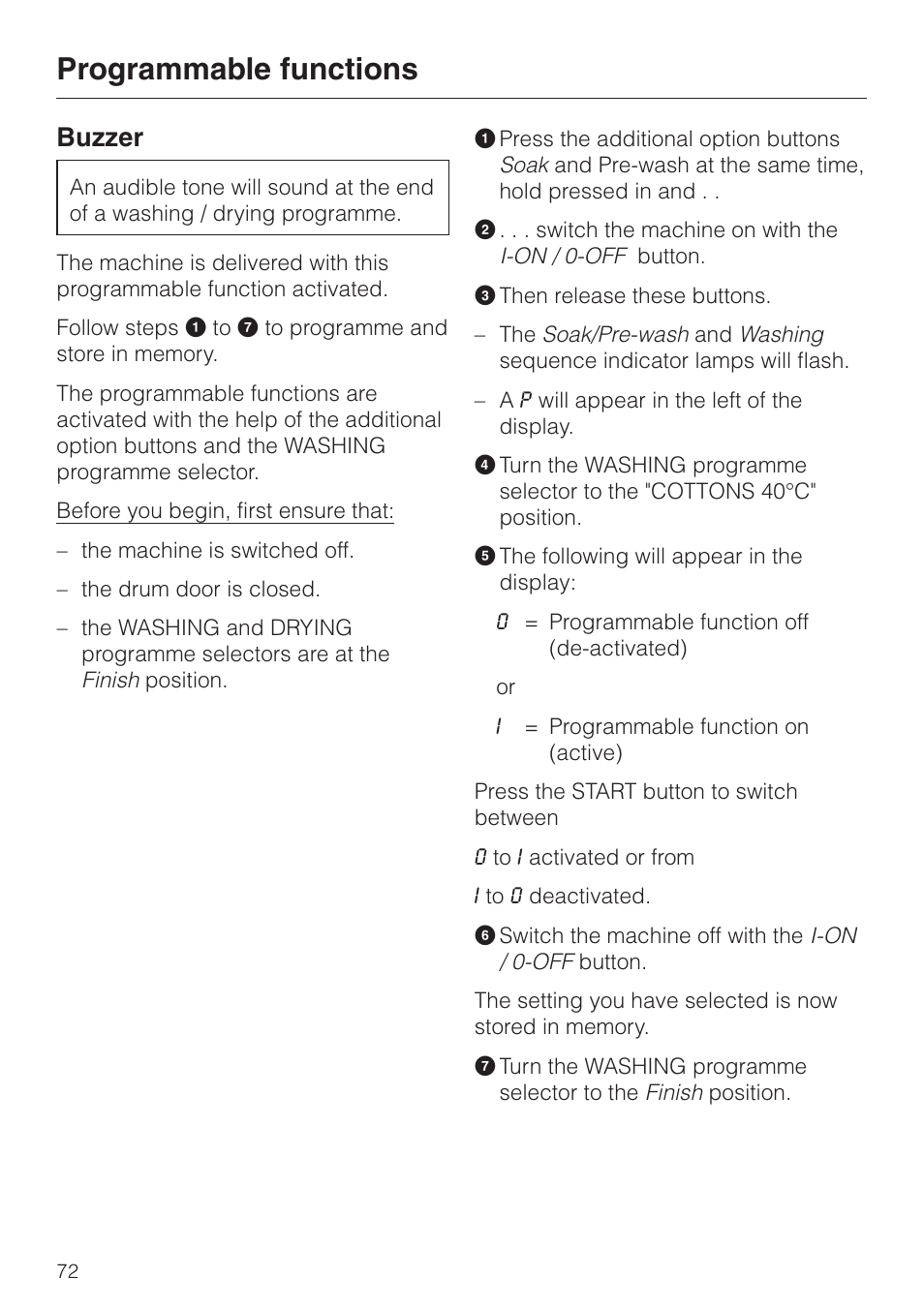 Buzzer 72, Programmable functions, Buzzer | Miele WT 945 S WPS User Manual | Page 72 / 76