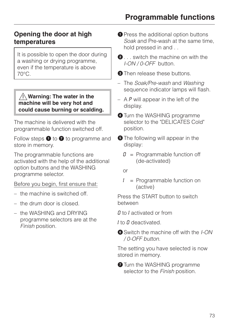Opening the door at high temperatures 73, Programmable functions, Opening the door at high temperatures | Miele WT 945 S WPS User Manual | Page 73 / 76