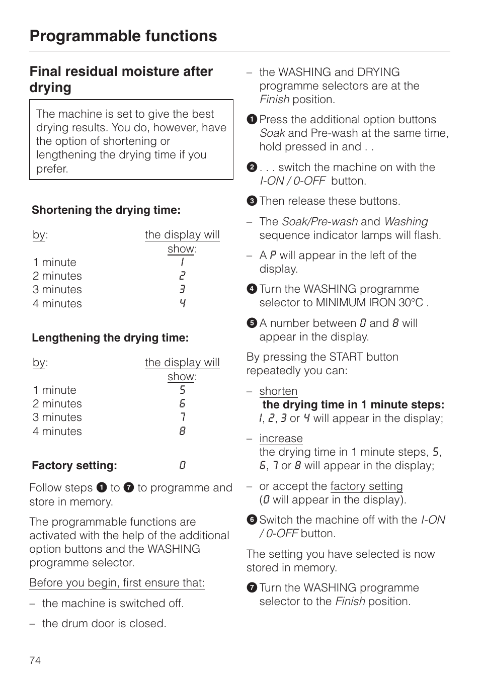 Final residual moisture after drying 74, Programmable functions, Final residual moisture after drying | Miele WT 945 S WPS User Manual | Page 74 / 76