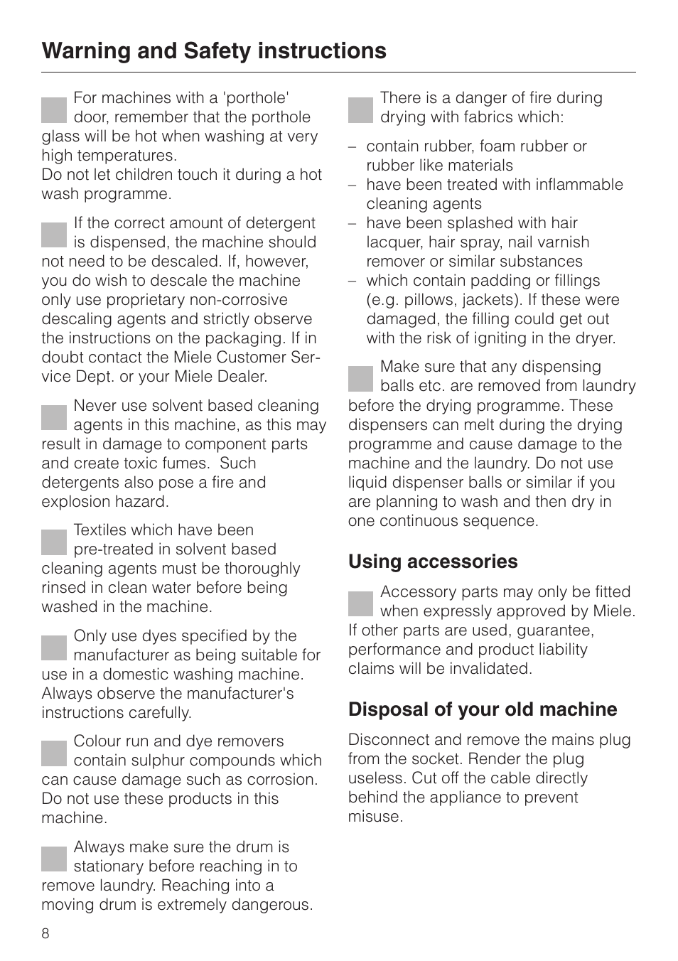 Warning and safety instructions, Using accessories, Disposal of your old machine | Miele WT 945 S WPS User Manual | Page 8 / 76