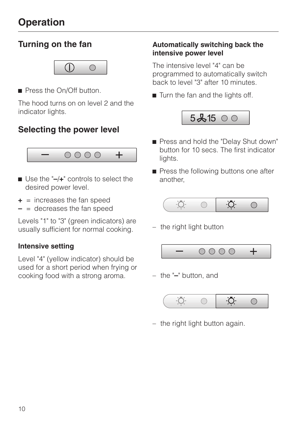 Operation 10, Turning on the fan 10, Selecting the power level 10 | Operation, Turning on the fan, Selecting the power level | Miele DA 270-4 User Manual | Page 10 / 32