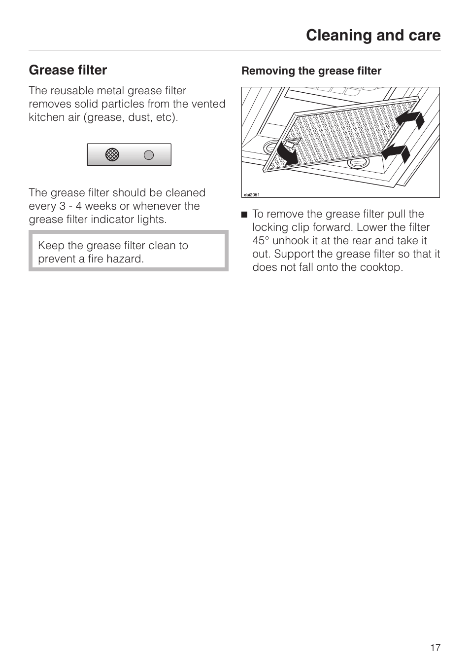 Grease filter 17, Cleaning and care, Grease filter | Miele DA 270-4 User Manual | Page 17 / 32