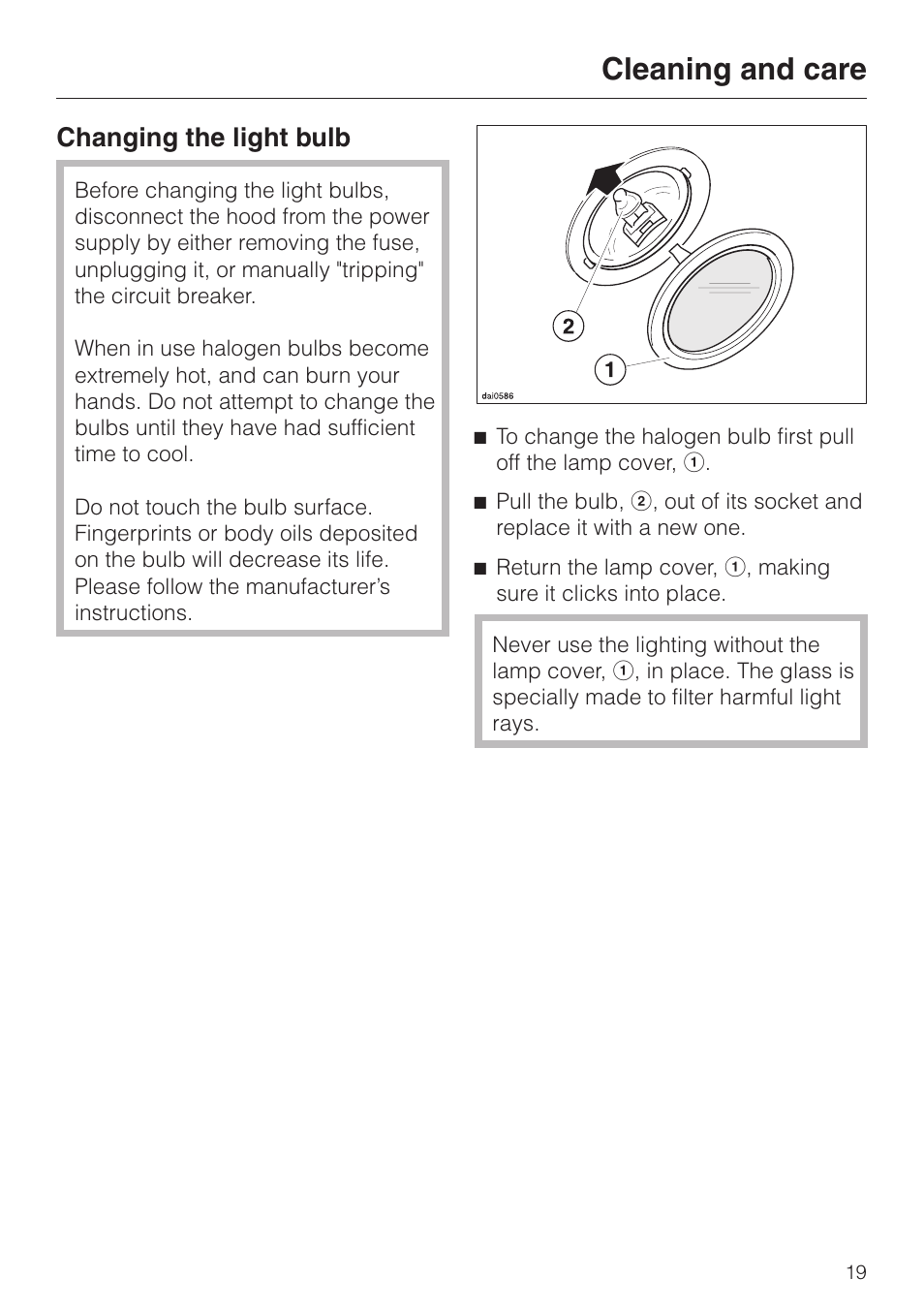 Changing the light bulb 19, Cleaning and care, Changing the light bulb | Miele DA 270-4 User Manual | Page 19 / 32