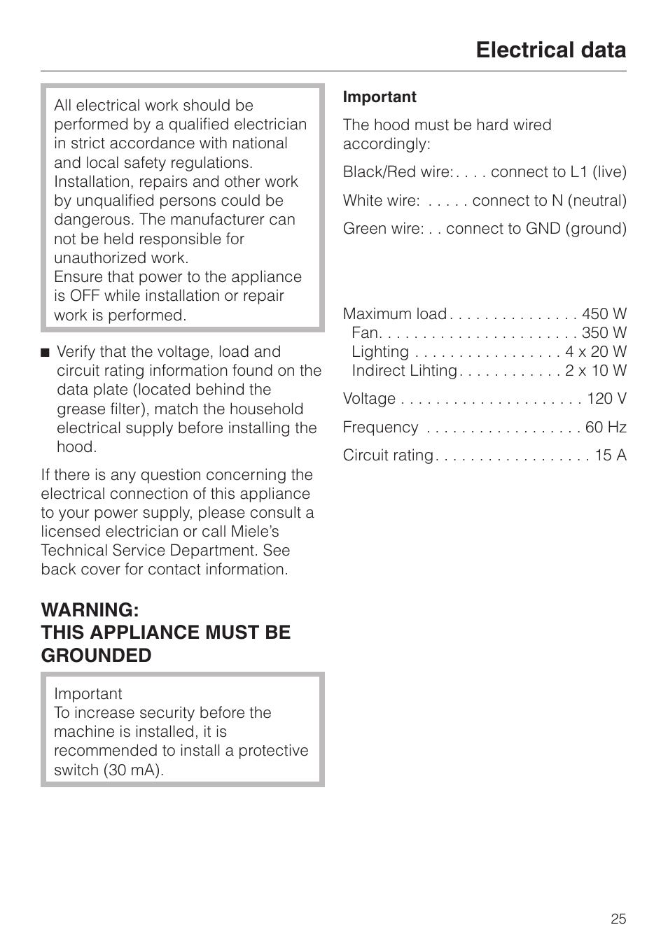 Electrical data 25, Electrical data, Warning: this appliance must be grounded | Miele DA 270-4 User Manual | Page 25 / 32