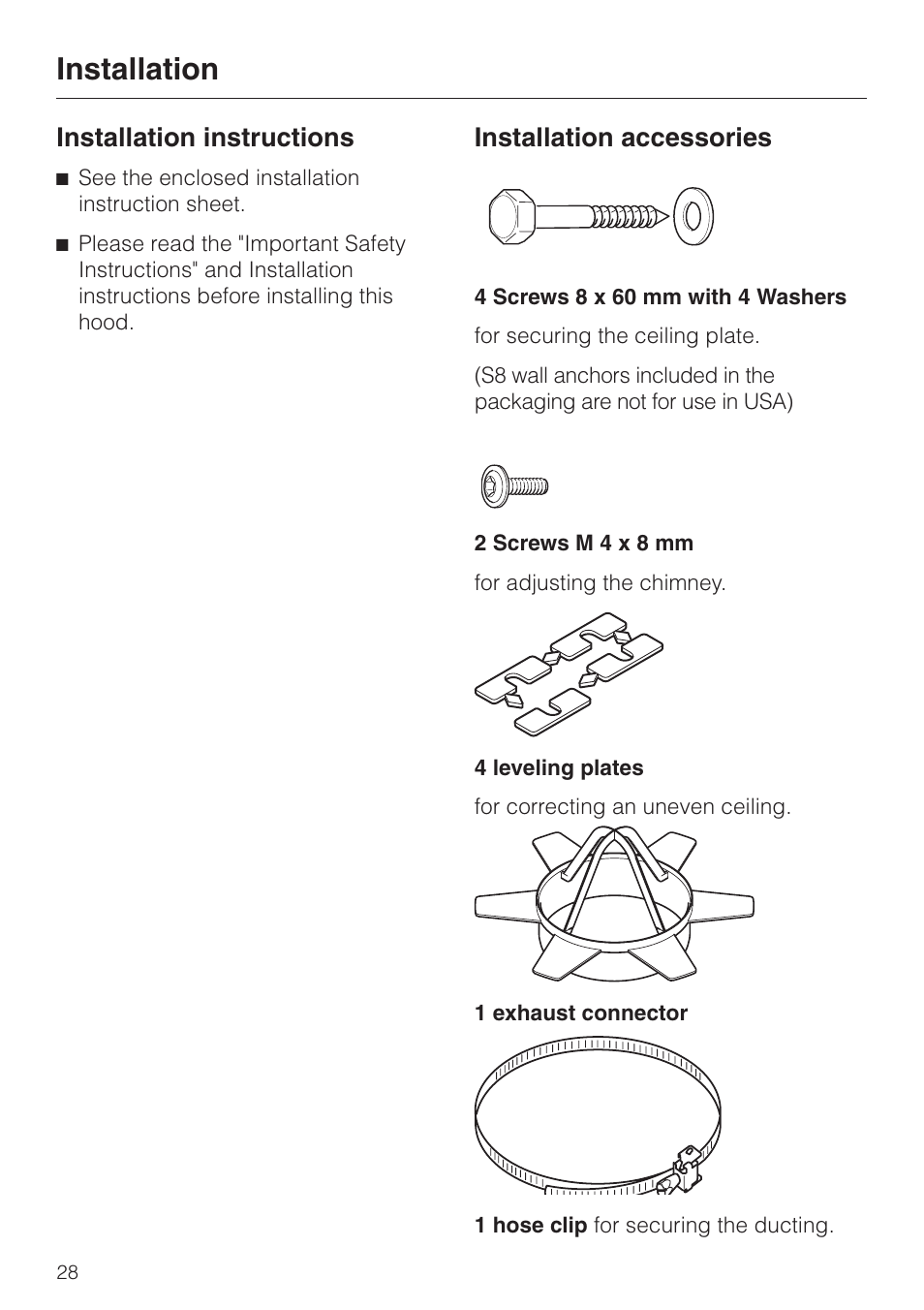 Installation instructions 28, Installation accessories 28, Installation | Installation instructions, Installation accessories | Miele DA 270-4 User Manual | Page 28 / 32