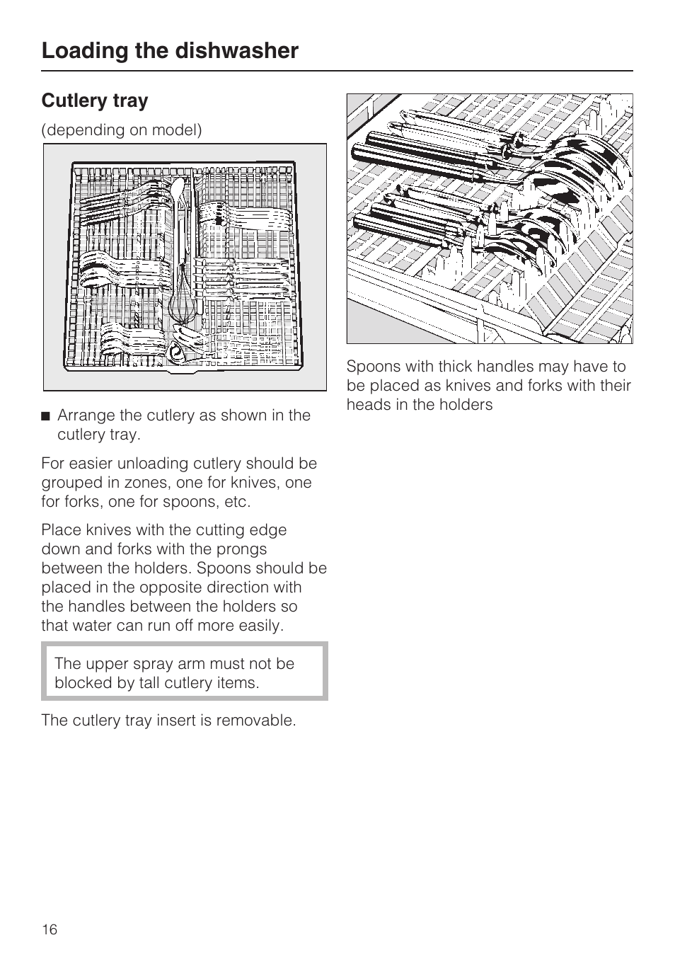 Cutlery tray 16, Loading the dishwasher, Cutlery tray | Miele G2142 User Manual | Page 16 / 60