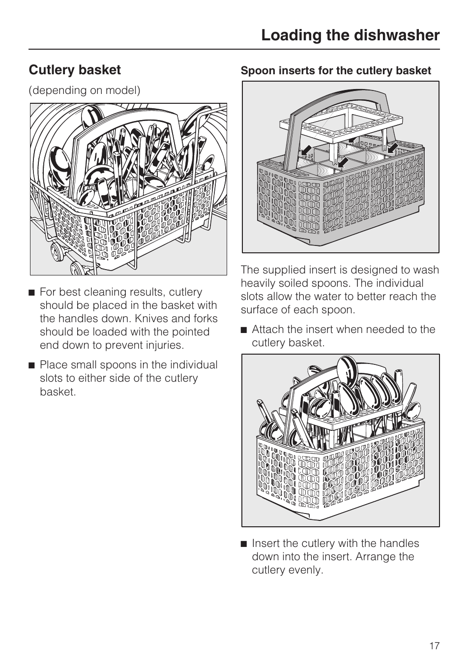 Cutlery basket 17, Loading the dishwasher, Cutlery basket | Miele G2142 User Manual | Page 17 / 60