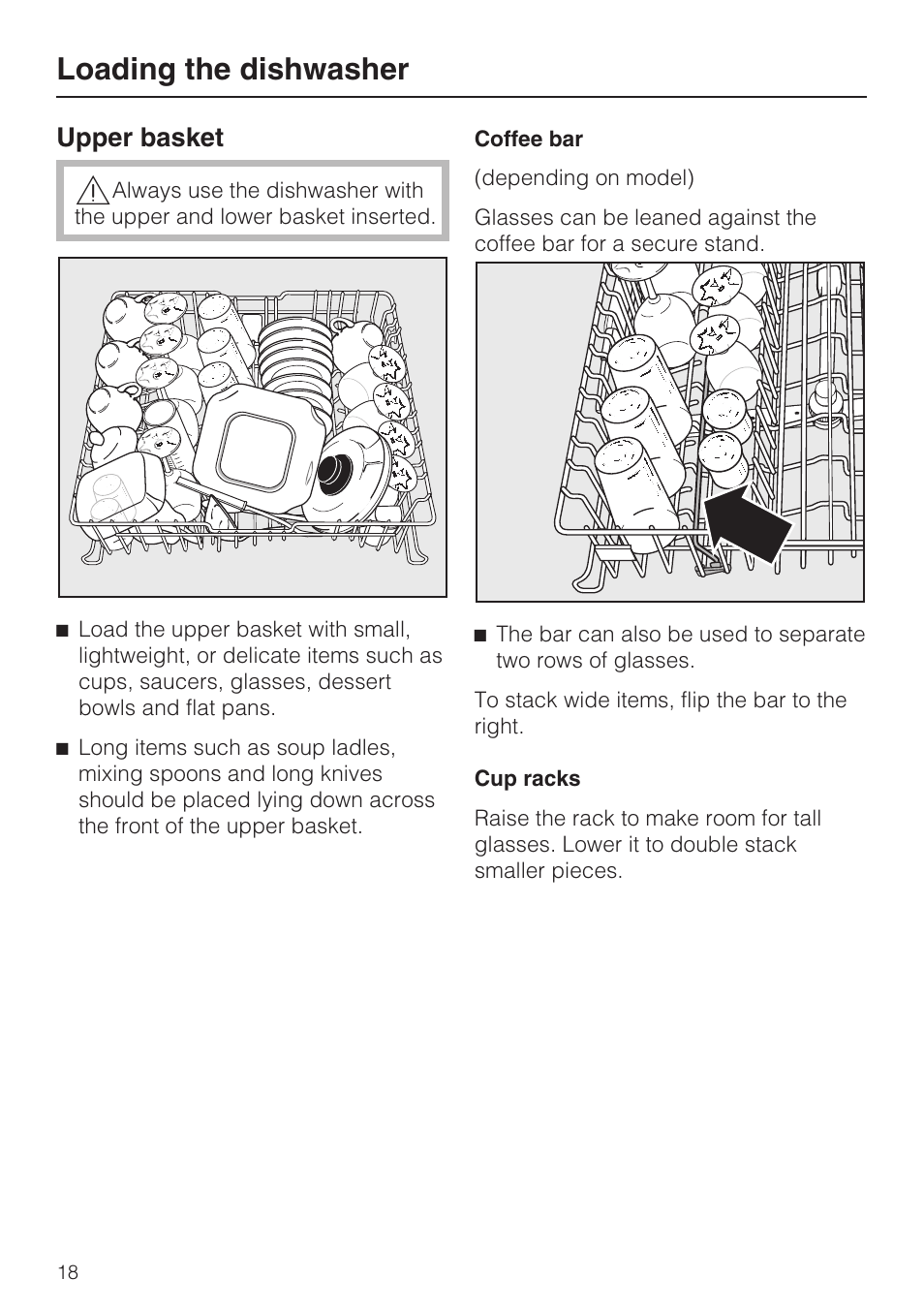 Upper basket 18, Loading the dishwasher, Upper basket | Miele G2142 User Manual | Page 18 / 60