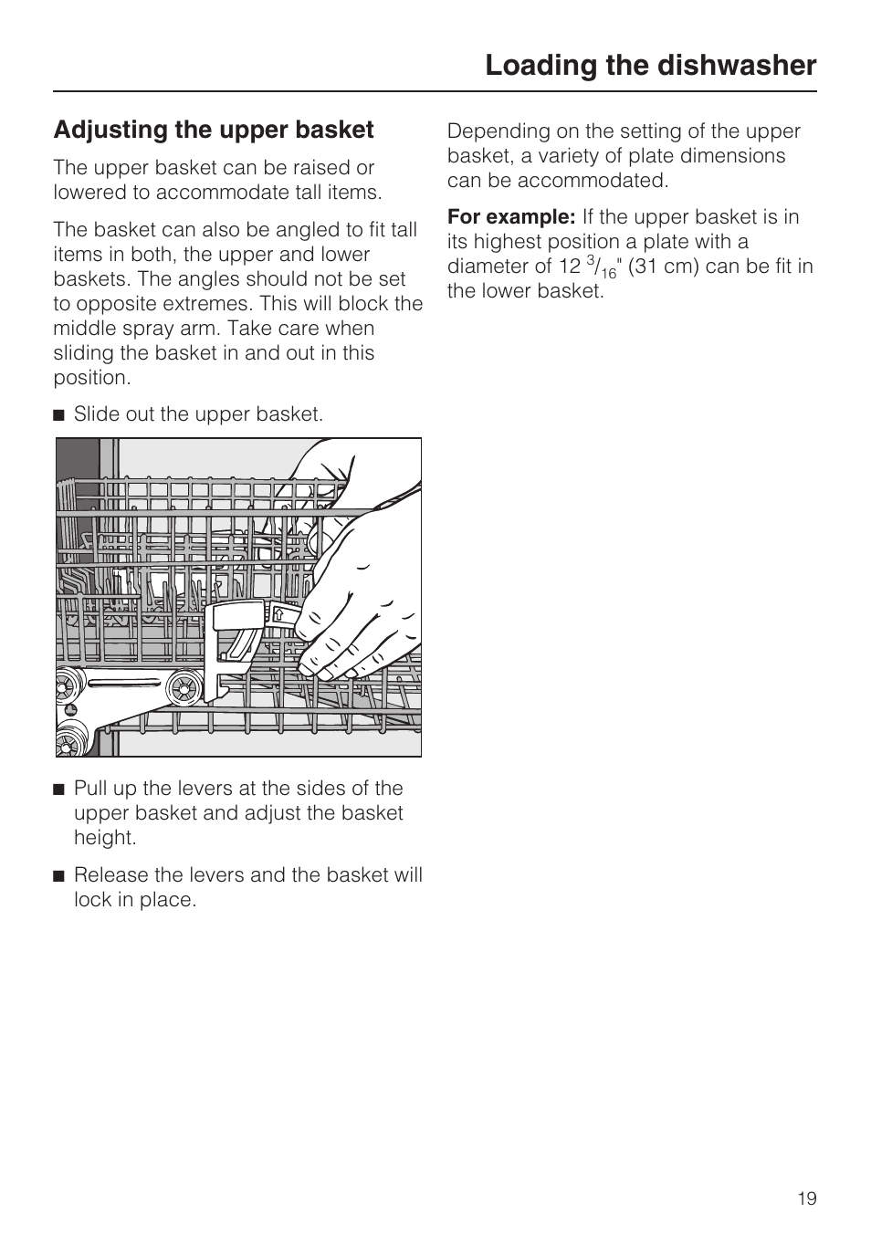Adjusting the upper basket 19, Loading the dishwasher, Adjusting the upper basket | Miele G2142 User Manual | Page 19 / 60