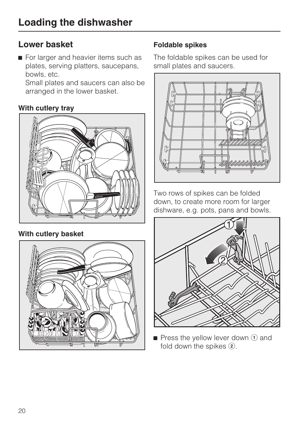 Lower basket 20, Loading the dishwasher, Lower basket | Miele G2142 User Manual | Page 20 / 60