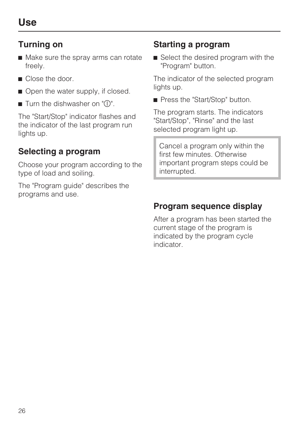 Turning on 26, Selecting a program 26, Starting a program 26 | Program sequence display 26, Turning on, Selecting a program, Starting a program, Program sequence display | Miele G2142 User Manual | Page 26 / 60