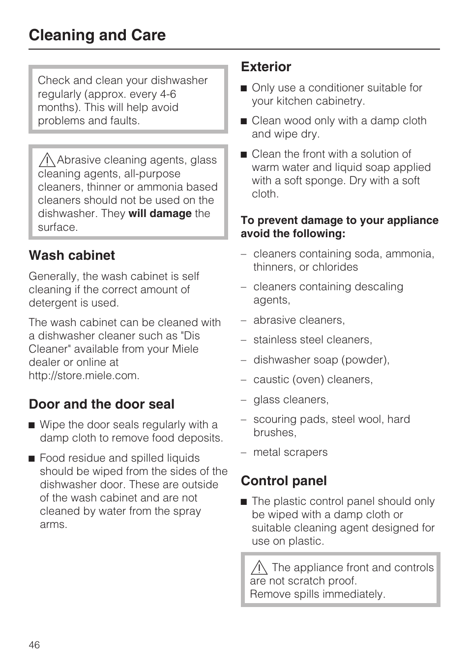 Cleaning and care 46, Cleaning and care, Wash cabinet | Door and the door seal, Exterior, Control panel | Miele G2142 User Manual | Page 46 / 60