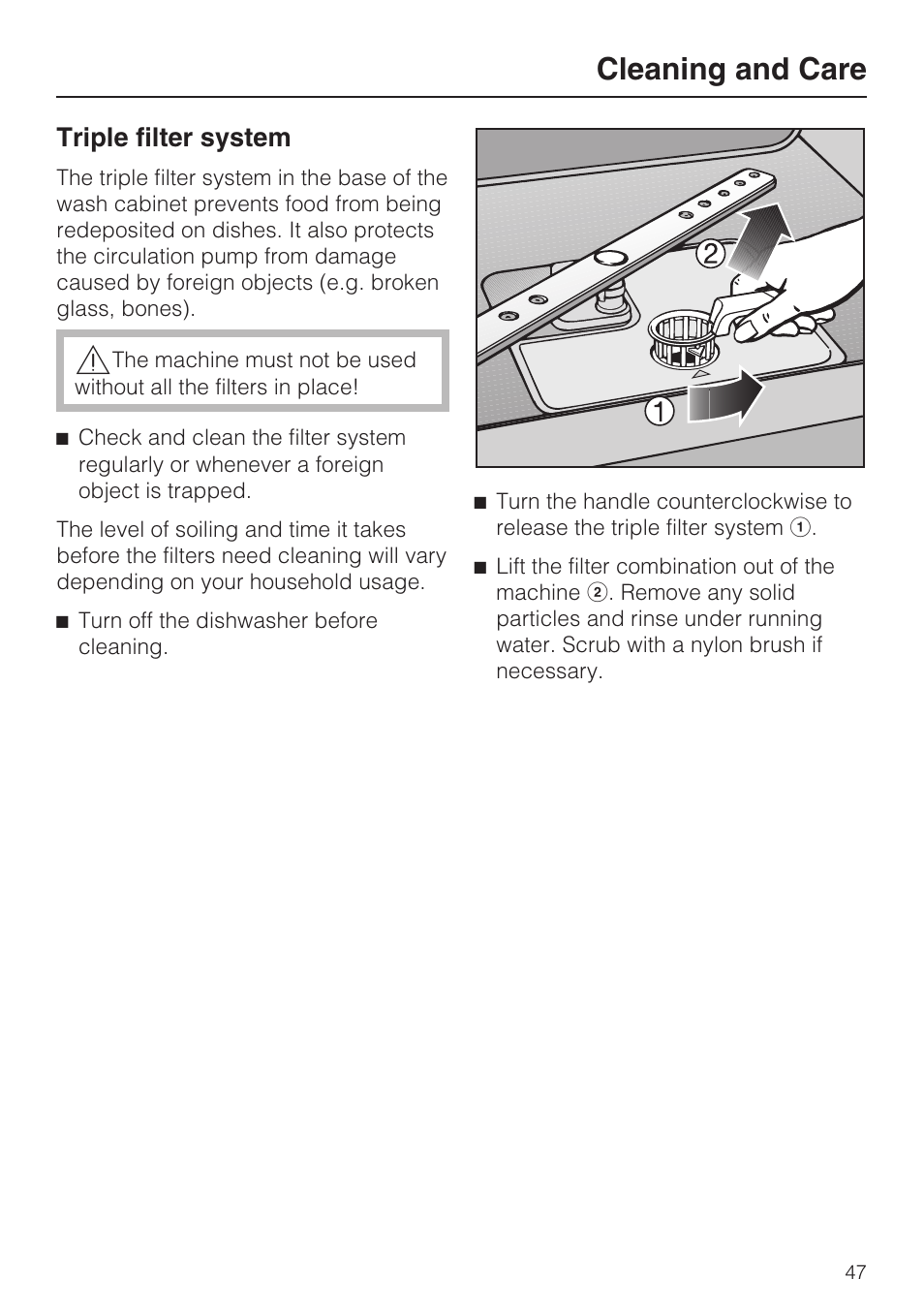 Triple filter system 47, Cleaning and care, Triple filter system | Miele G2142 User Manual | Page 47 / 60